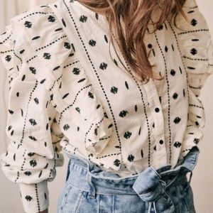 Sezane Cream and Black Patterned Blouse